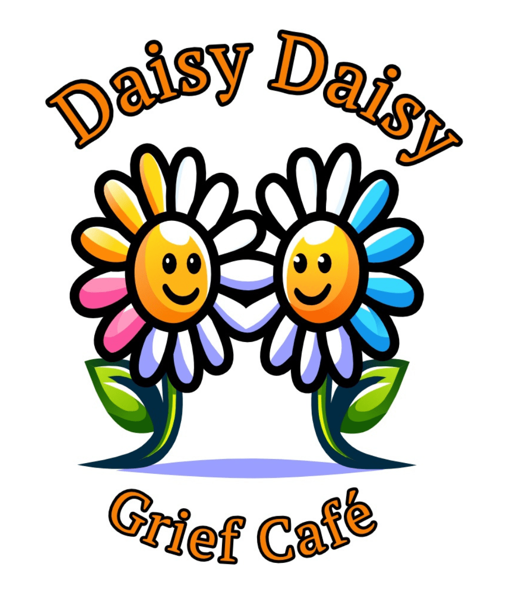 Daisy, Daisy, Grief Cafe logo - 2 smiling daisies chatting